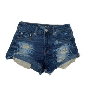American Eagle Denim Shorts Jeans Medium Washed Destroyed Lace Size 4 Festival